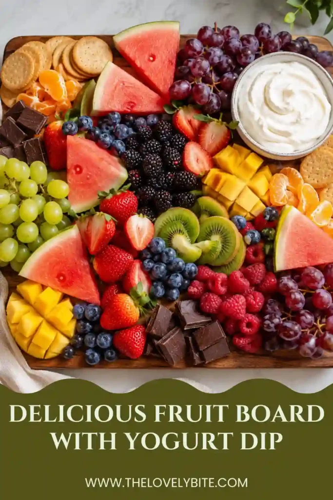An elegant fruit charcuterie board loaded with fresh berries, tropical fruit, grapes, cookies, chocolate snacks, honey, and Greek yogurt dip. A refreshing and healthy fruit platter for any occasion.