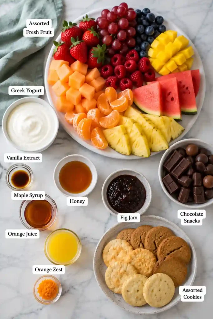 A fresh fruit platter filled with colorful seasonal fruit, creamy yogurt dip, honey, cookies, and chocolate treats arranged on a large serving board. An easy entertaining recipe for every celebration.