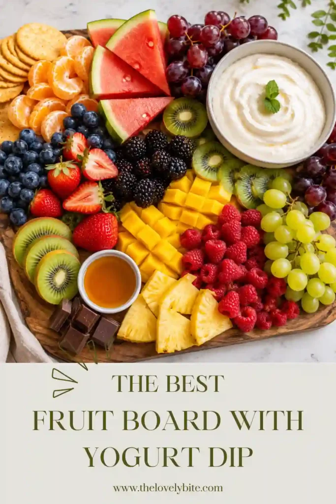 A beautifully arranged brunch fruit board featuring fresh watermelon, pineapple, mango, berries, grapes, and a creamy Greek yogurt dip in the center. Perfect for parties and holiday brunches.