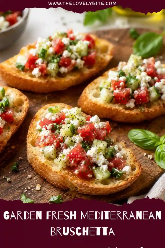 Mediterranean bruschetta featuring fresh tomatoes, diced cucumber, crumbled feta, green onion, and herbs served on toasted baguette slices. The appetizer has a colorful, garden-fresh appearance.