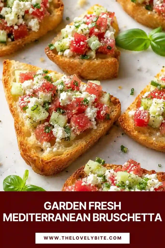 Fresh tomato bruschetta with cucumber and feta layered over crisp golden crostini. Lemon, olive oil, oregano, dill, and basil give the Mediterranean appetizer a fresh herb-filled appearance.
