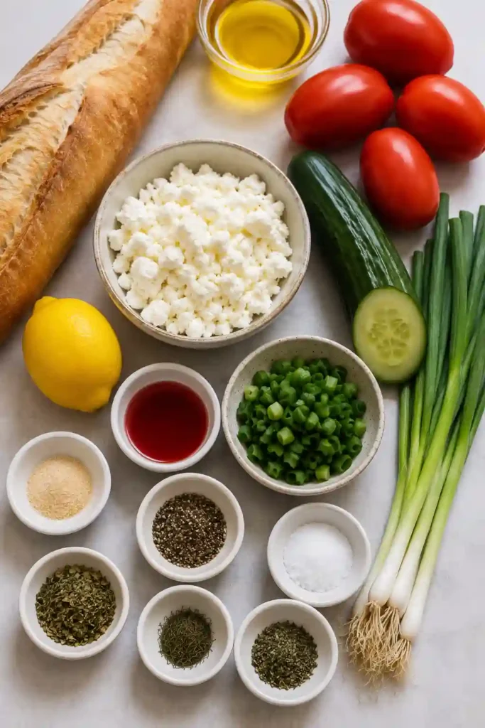Garden Fresh Mediterranean Bruschetta topped with diced Roma tomatoes, cucumber, feta cheese, and fresh herbs on golden crostini. The colorful Mediterranean appetizer is arranged on a serving platter.