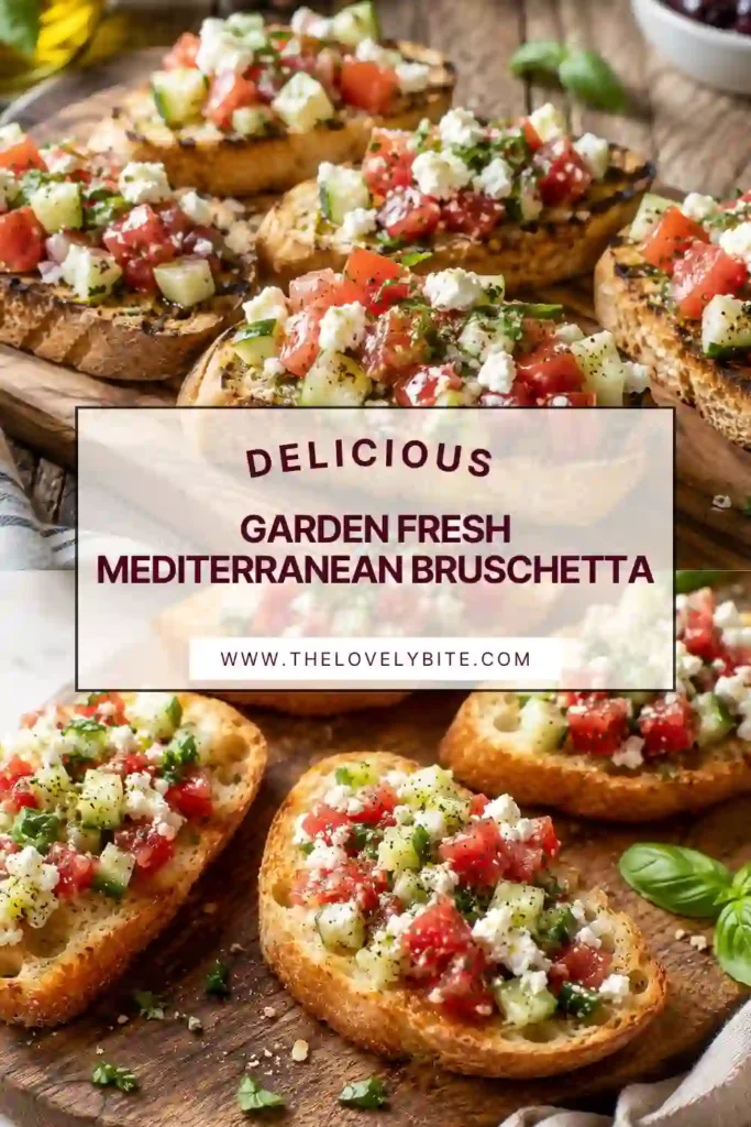 Garden Fresh Mediterranean Bruschetta served as an easy appetizer with tomato, cucumber, feta, green onion, and herbs on toasted baguette. The colorful crostini are ready to serve.