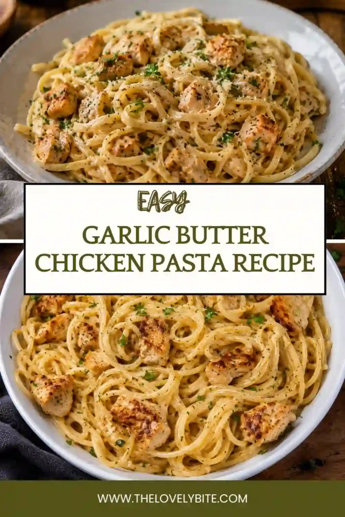 Close-up of Garlic Parmesan Chicken Pasta featuring juicy chicken, buttery garlic sauce, and tender spaghetti. A comforting homemade pasta recipe ready in under 40 minutes.