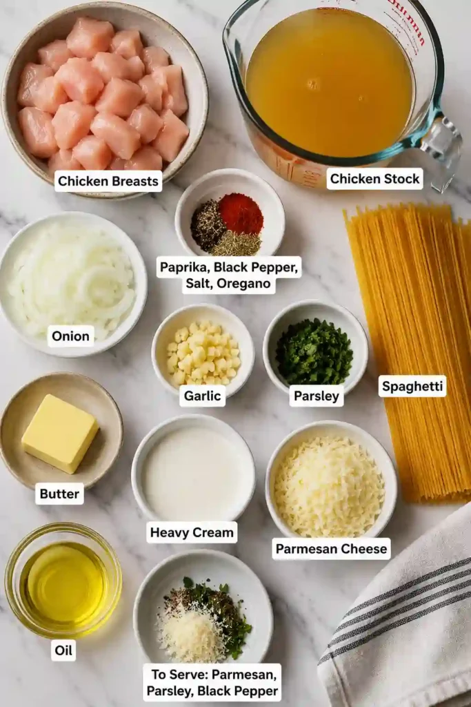 Freshly prepared Garlic Butter Chicken Pasta in a serving bowl with creamy Parmesan sauce, garlic, herbs, and golden chicken pieces. A delicious weeknight dinner recipe.