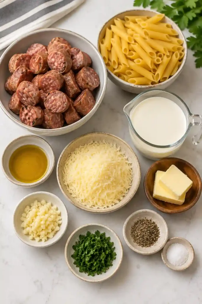 A bowl of Garlic Butter Sausage Bites served with creamy Parmesan pasta and fresh parsley. Golden beef sausage pieces are coated in a rich garlic butter and Parmesan cream sauce.