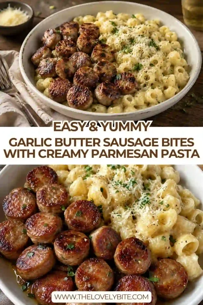 Creamy Parmesan pasta topped with golden halal beef sausage bites and fresh parsley. The pasta is coated in a smooth garlic butter Parmesan sauce.
