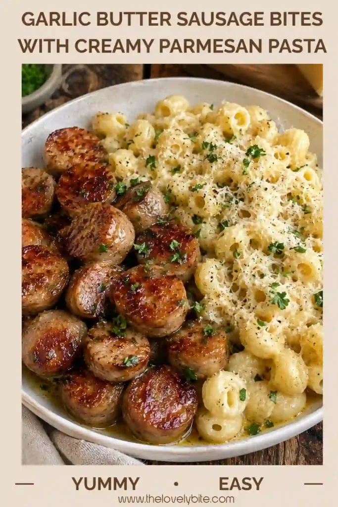 A comforting sausage pasta recipe featuring browned beef sausage, garlic butter, cream, and Parmesan cheese. The pasta is finished with parsley and extra grated Parmesan.
