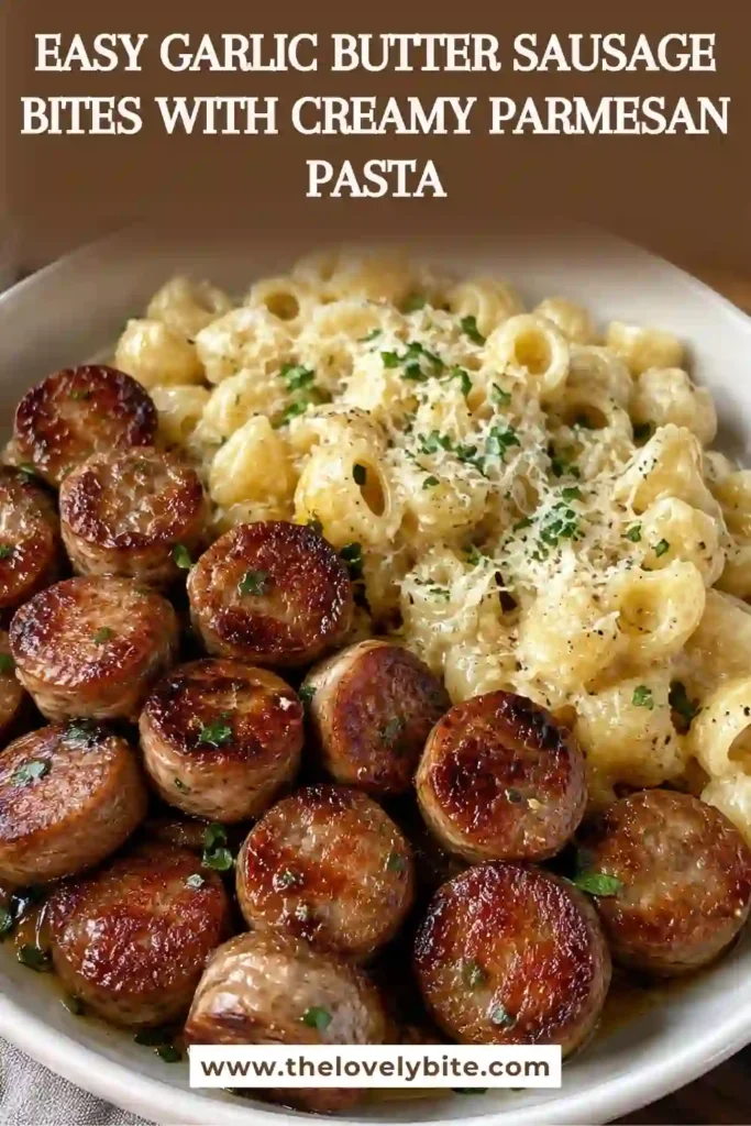 Garlic Butter Sausage Bites tossed with creamy Parmesan pasta in a skillet-style dinner. Golden sausage and tender pasta are finished with parsley and grated cheese.