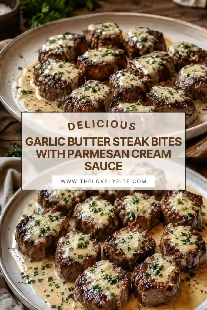 Golden garlic butter steak bites coated in creamy Parmesan sauce and served in a skillet. Tender steak pieces are topped with fresh herbs for a rich, savory dinner.