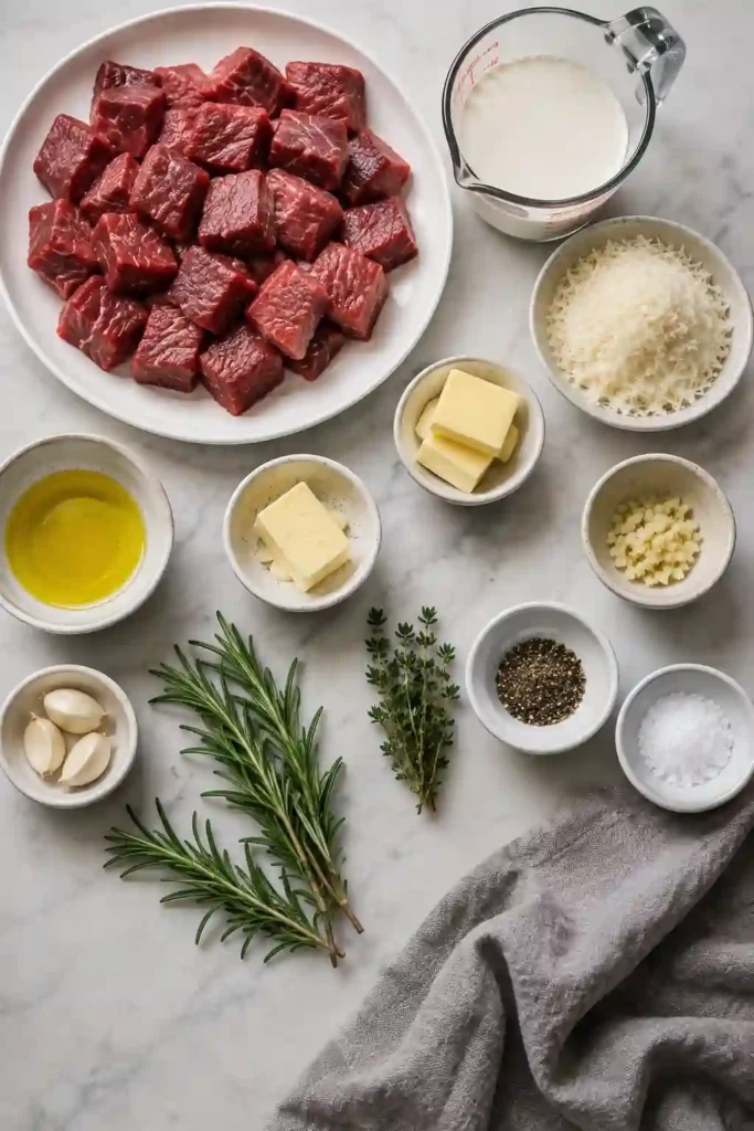 Homemade garlic butter steak bites covered in creamy Parmesan sauce and garnished with fresh rosemary. The tender steak is served as an easy skillet dinner.