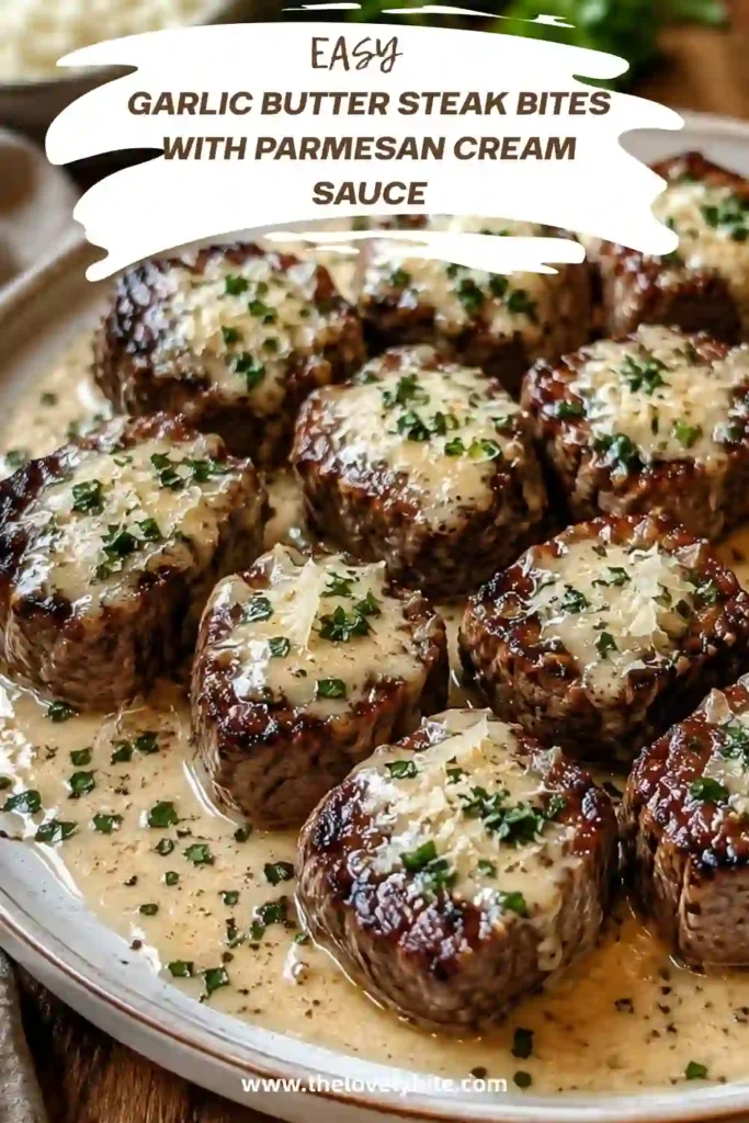 Close-up of tender steak bites in a rich Parmesan cream sauce with garlic and butter. The creamy skillet steak is finished with freshly chopped herbs.
