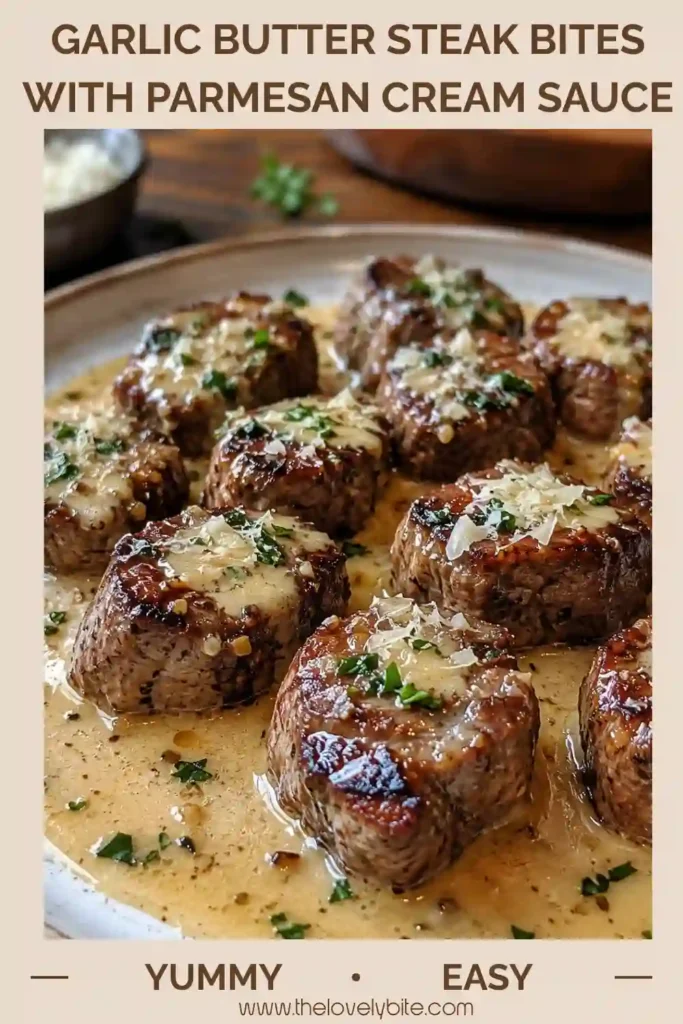 Garlic butter steak bites served with a silky Parmesan cream sauce in a dark skillet. Golden steak pieces are surrounded by a rich, savory sauce.