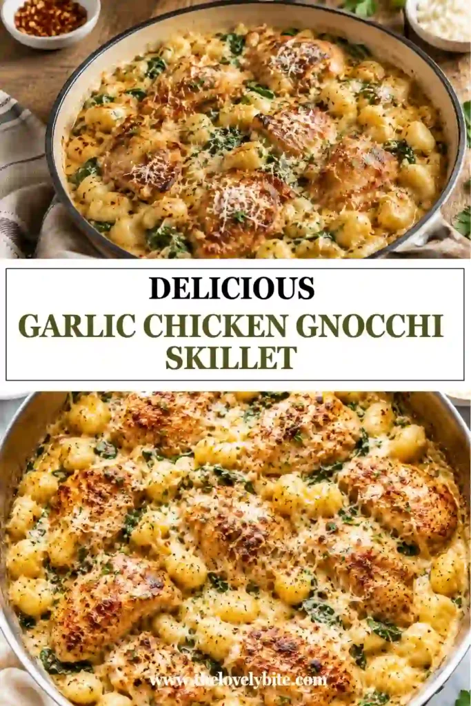 Close-up of creamy chicken gnocchi with tender chicken thighs, sautéed mushrooms, spinach, and garlic sauce. The hearty one-pan dinner is finished with Parmesan, parsley, and red pepper flakes.