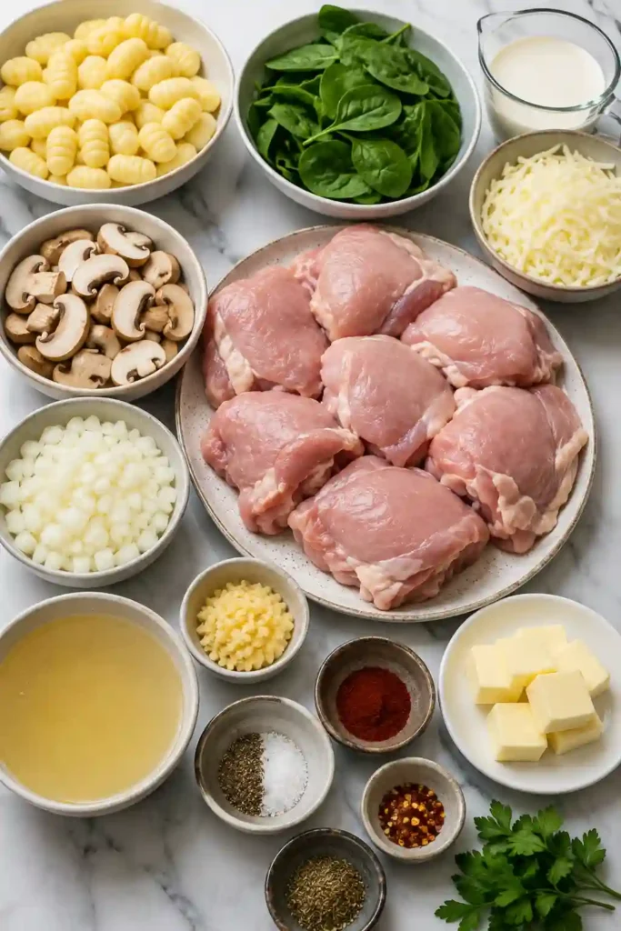 A creamy Garlic Chicken Gnocchi Skillet filled with golden chicken thighs, potato gnocchi, mushrooms, spinach, and mozzarella sauce. The skillet is garnished with fresh parsley and Parmesan for a comforting chicken gnocchi dinner.