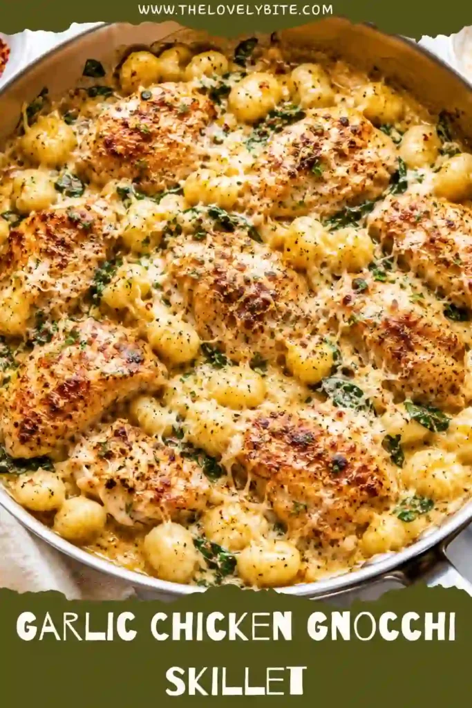 A hearty chicken gnocchi skillet featuring golden chicken, tender potato gnocchi, fresh spinach, mushrooms, and creamy mozzarella sauce. This easy gnocchi dinner is served hot with Parmesan and parsley.