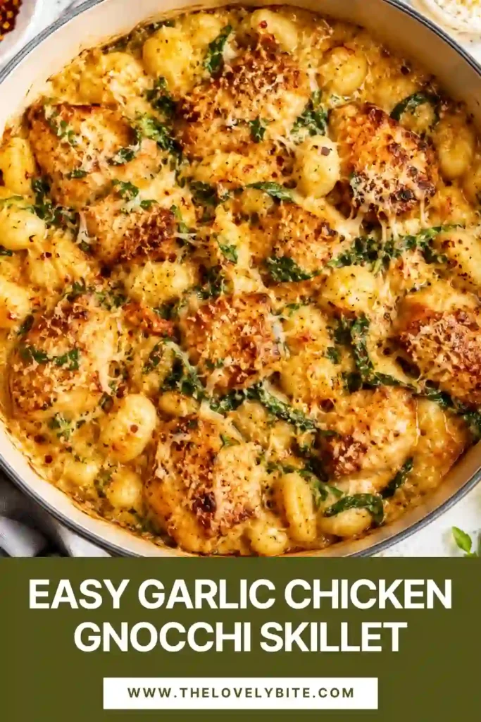 Garlic chicken recipe served as a creamy skillet with potato gnocchi, spinach, mushrooms, and mozzarella. The one-pan chicken dinner has golden chicken thighs and a rich, savory cream sauce.