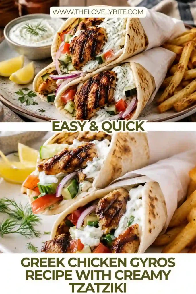 Homemade chicken gyros filled with tender Greek-style chicken, crisp vegetables, and thick tzatziki sauce. Warm pita wraps hold the colorful, fresh ingredients together.