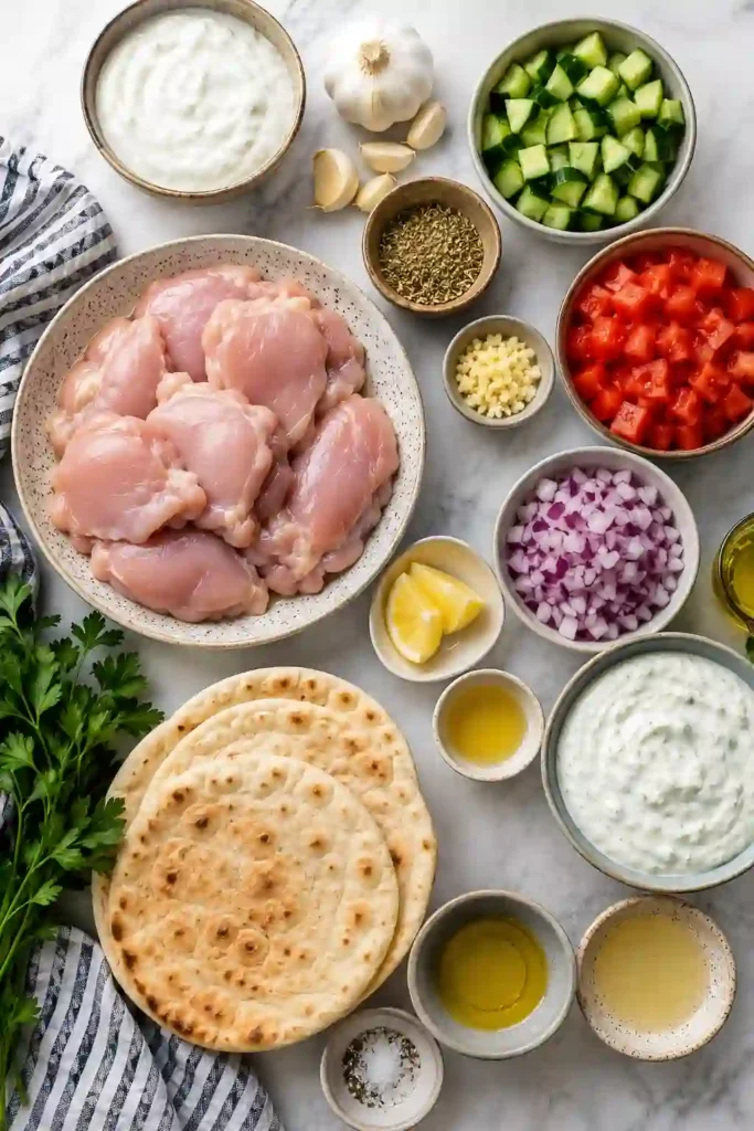 Chicken gyros with tzatziki served in warm pita with juicy marinated chicken and fresh cucumber-tomato salad. The golden chicken is seasoned with lemon, garlic, yogurt, and oregano.