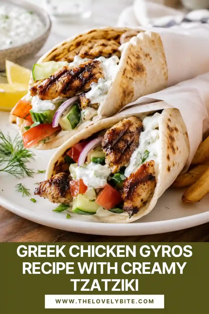 Greek Chicken Gyros recipe made with juicy grilled chicken, fresh tomato-cucumber salad, and creamy homemade tzatziki in warm pita. The chicken is marinated with Greek yogurt, lemon, garlic, and oregano.