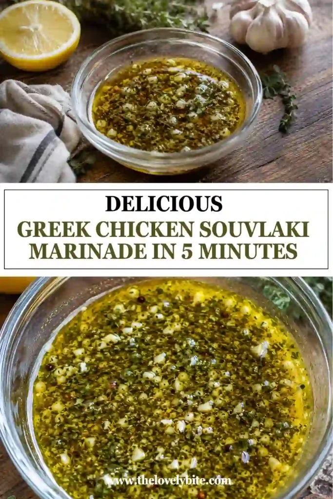 Homemade Greek Chicken Souvlaki Marinade being whisked in a bowl with lemon juice, olive oil, garlic, and dried oregano. The simple Mediterranean marinade has a golden, slightly emulsified texture.