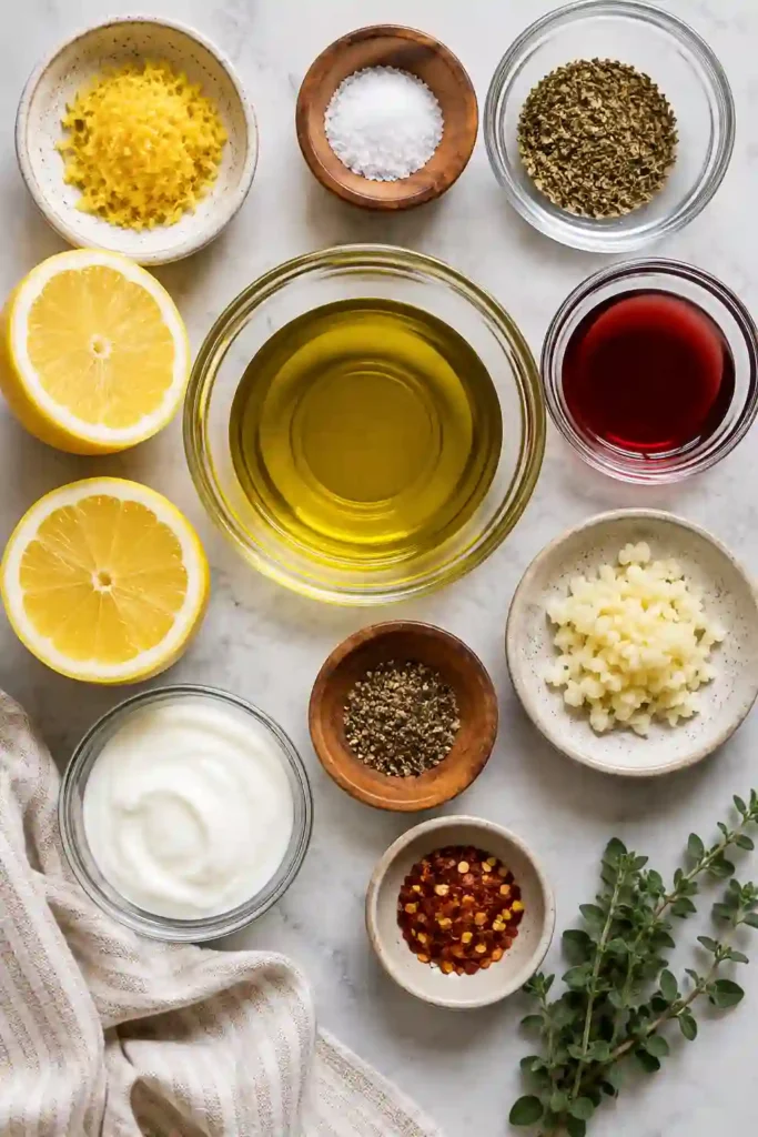 Greek Chicken Souvlaki Marinade with fresh lemon, garlic, oregano, olive oil, and red wine vinegar in a mixing bowl. The bright Mediterranean marinade has a fresh, aromatic appearance.
