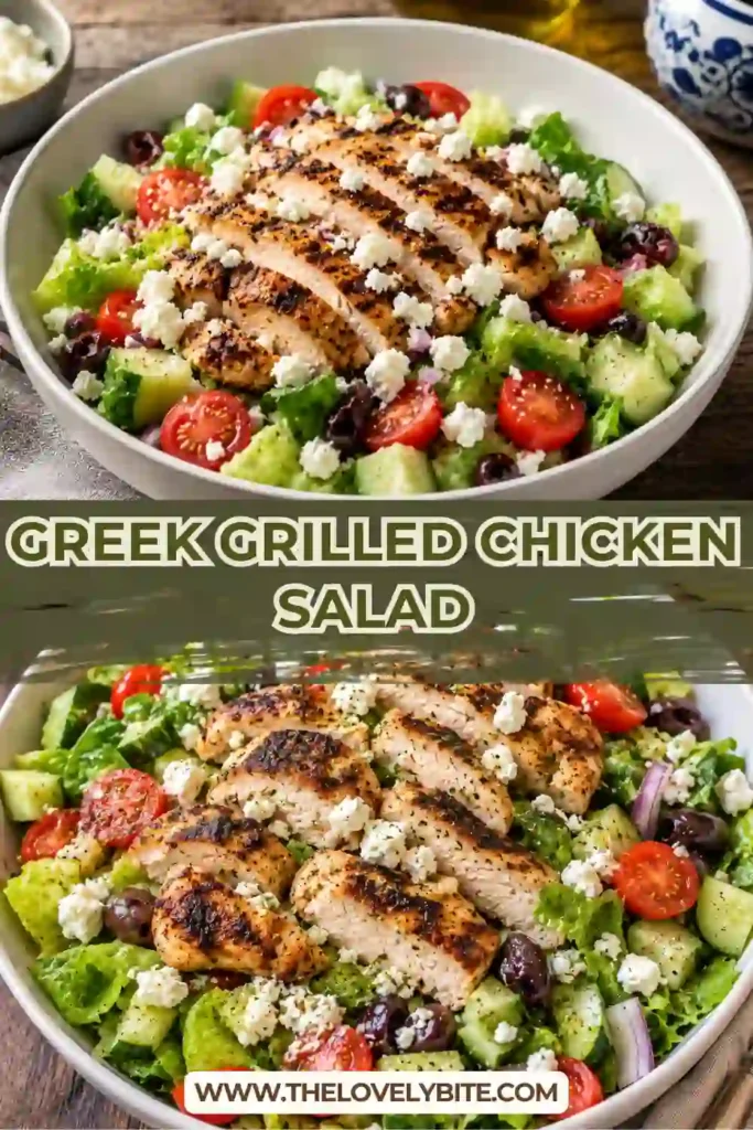 A bowl of Greek Grilled Chicken Salad topped with juicy grilled chicken, romaine lettuce, cherry tomatoes, cucumbers, Kalamata olives, and crumbled feta cheese. The colorful Mediterranean ingredients create a healthy and satisfying meal.
