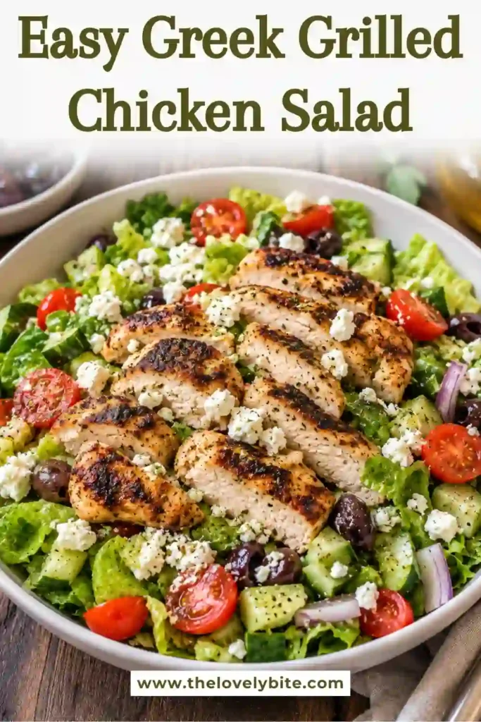 Healthy Greek Grilled Chicken Salad with grilled chicken tenders, fresh lettuce, cucumbers, tomatoes, olives, and feta cheese drizzled with homemade Greek dressing.