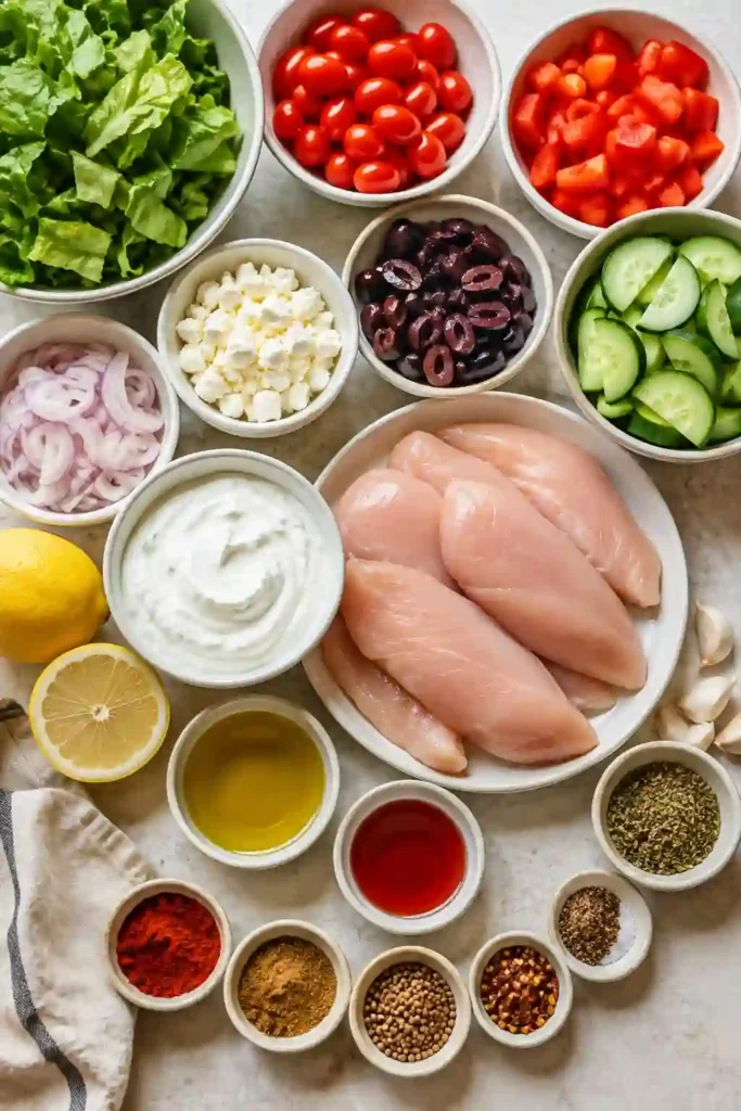 Colorful Greek Grilled Chicken Salad topped with grilled chicken strips, fresh vegetables, feta cheese, olives, and homemade Greek dressing on a serving platter.
