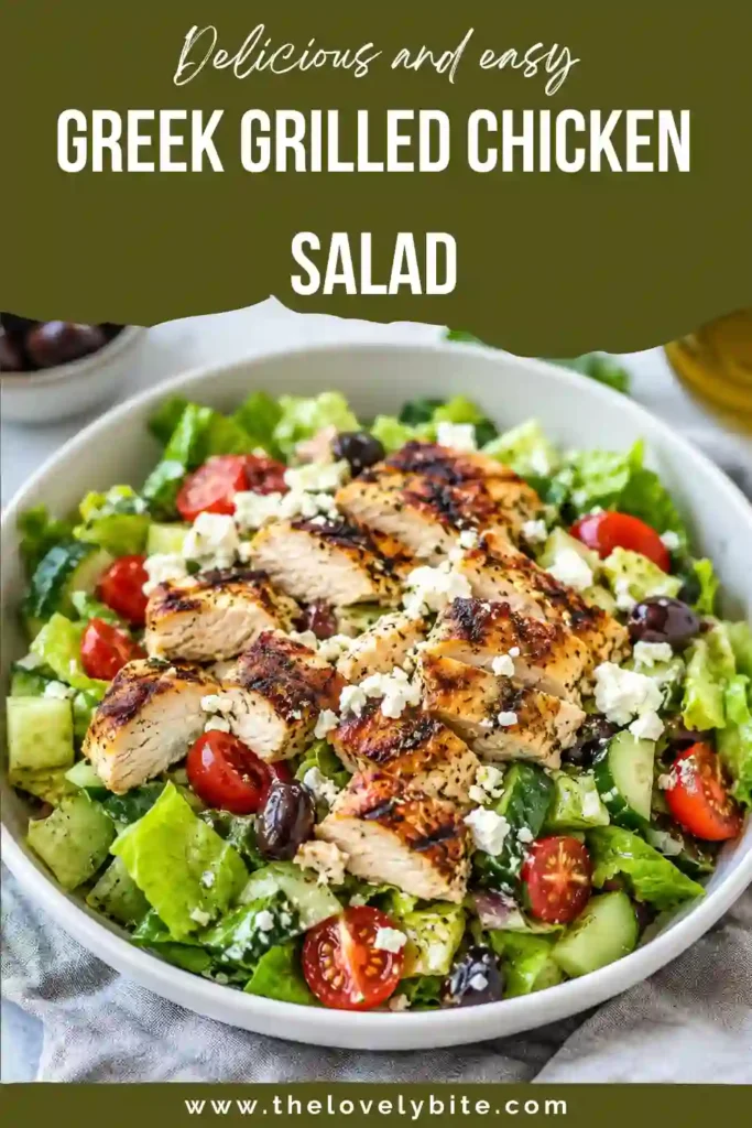 Mediterranean Greek Grilled Chicken Salad served in a large bowl with grilled chicken, feta cheese, tomatoes, cucumbers, bell peppers, and Kalamata olives.