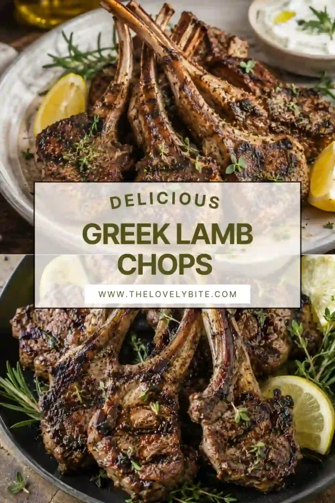 Grilled Greek lamb chops arranged on a serving plate with lemon wedges and fresh herbs. The juicy lamb has a golden crust and is seasoned with garlic, oregano, rosemary, and lemon.