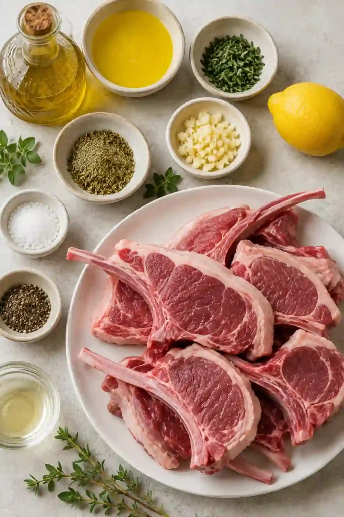 Greek lamb chops cooked until golden brown with fresh oregano and lemon wedges on the side. The tender lamb rib chops have a flavorful Mediterranean herb marinade and a beautifully seared exterior.