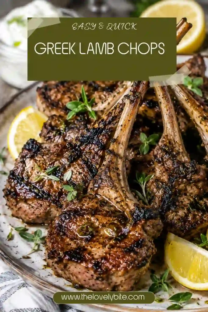 Pan-seared lamb chops served with lemon wedges and fresh oregano on a simple dinner plate. The lamb is tender and browned after marinating in olive oil, lemon, garlic, oregano, and rosemary.