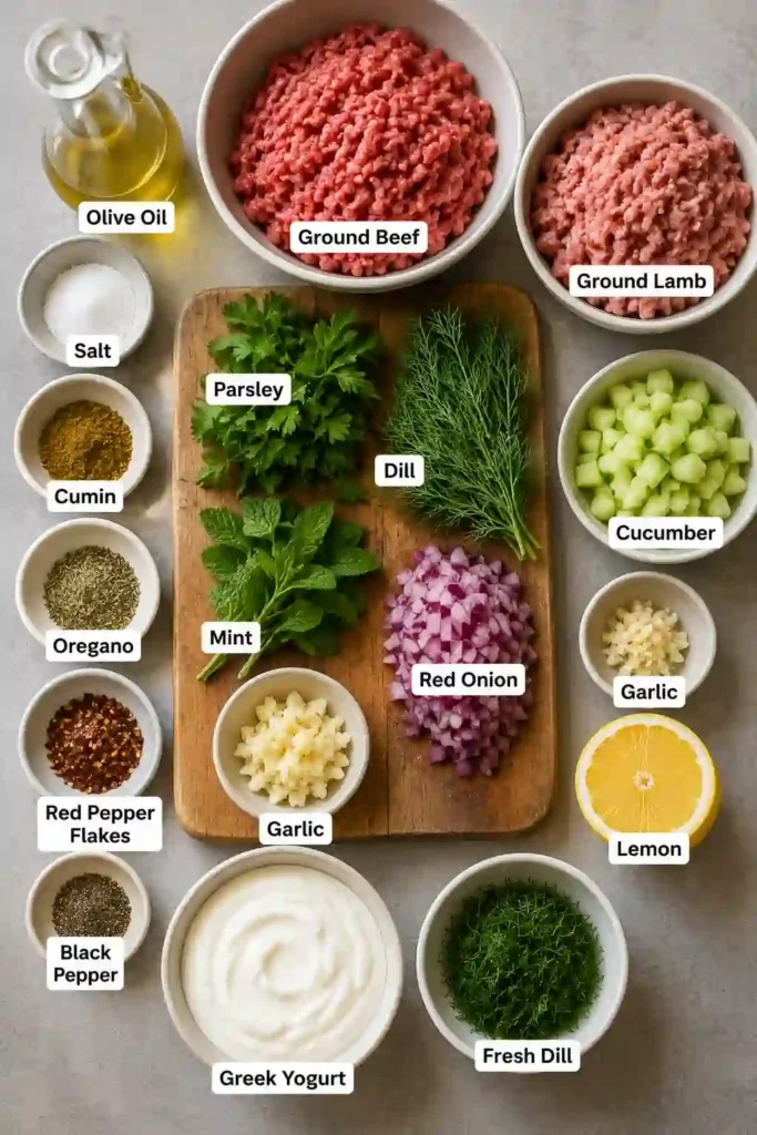 A plate of juicy Greek Meatballs with Tzatziki served with creamy cucumber and dill sauce. The golden-brown Mediterranean meatballs are garnished with fresh herbs and arranged for serving
