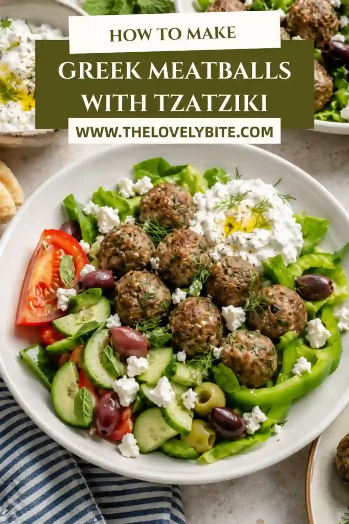 Oven-baked Mediterranean meatballs served with homemade Greek yogurt tzatziki. The tender meatballs have a beautifully browned exterior and are surrounded by fresh herbs and cucumber.