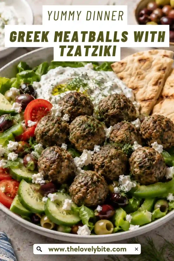 Greek beef and lamb meatballs served with a bowl of homemade tzatziki sauce. Fresh dill, cucumber, lemon, and herbs add color and freshness to the Mediterranean dish.