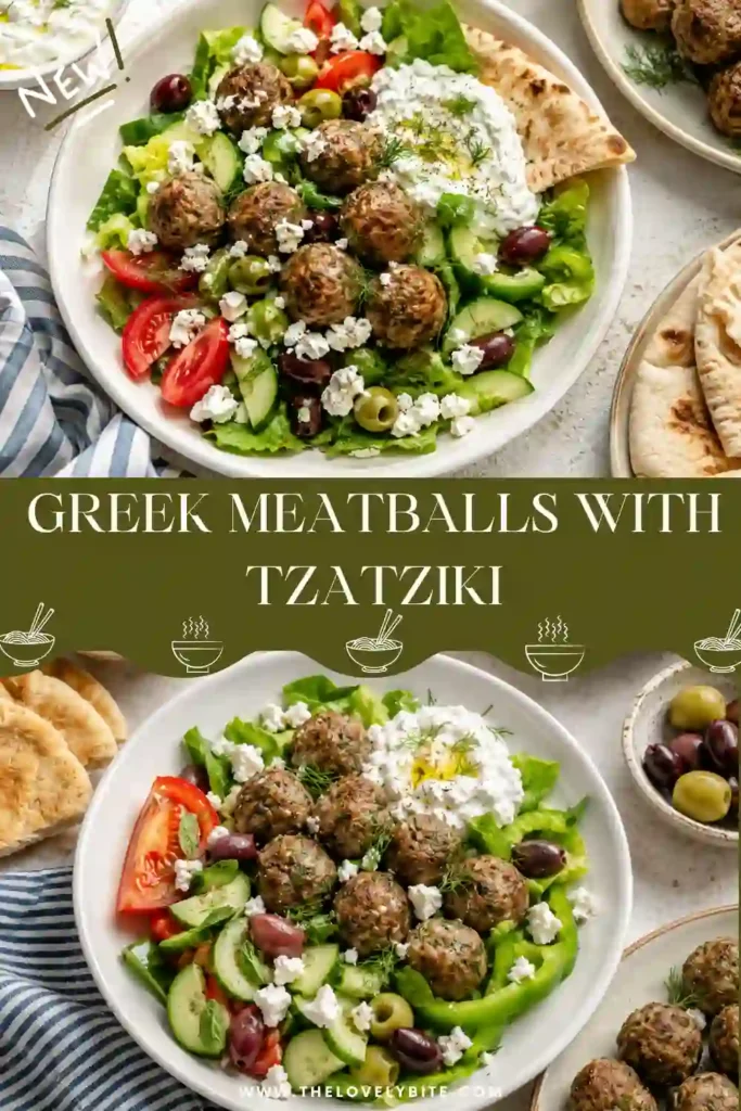 A Mediterranean dinner featuring herb-filled Greek meatballs and creamy tzatziki sauce. The meatballs are golden on the outside and served with fresh cucumber, dill, and lemon.