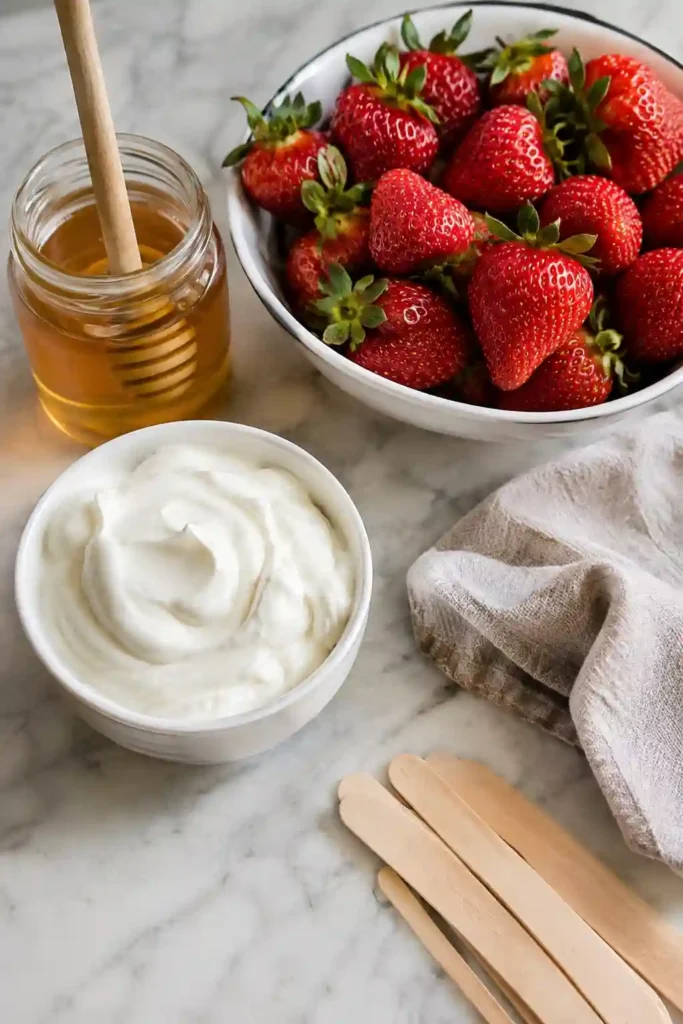 A batch of creamy Greek Yogurt Popsicles made with fresh strawberries and honey sits in popsicle molds. These homemade frozen yogurt pops are colorful, refreshing, and perfect for summer.