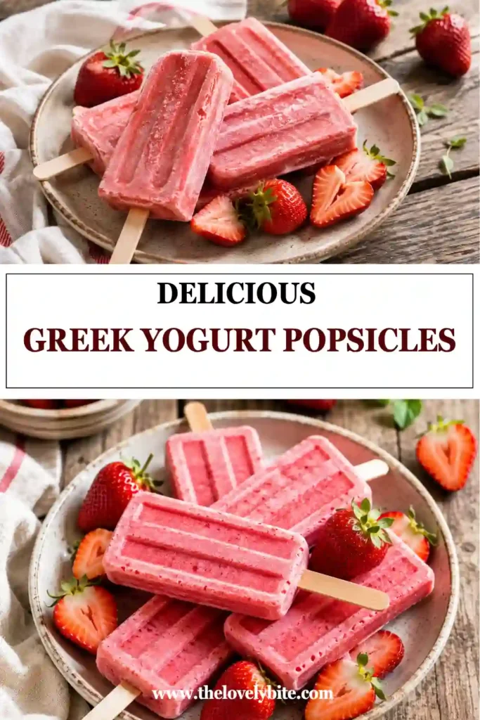 Fresh Strawberry Greek Yogurt Popsicles with a smooth creamy texture served on a chilled plate. This healthy homemade dessert is naturally sweetened with honey.