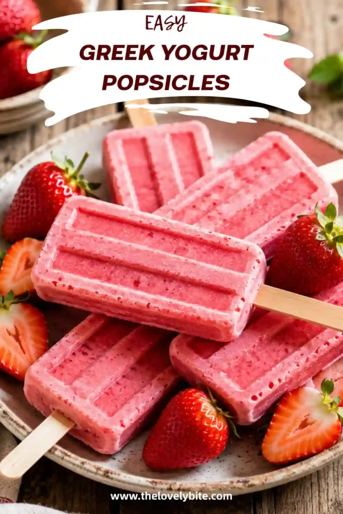 Healthy Greek Yogurt Popsicles featuring ripe strawberries blended into creamy yogurt for a refreshing frozen dessert. These homemade popsicles are perfect for warm weather.