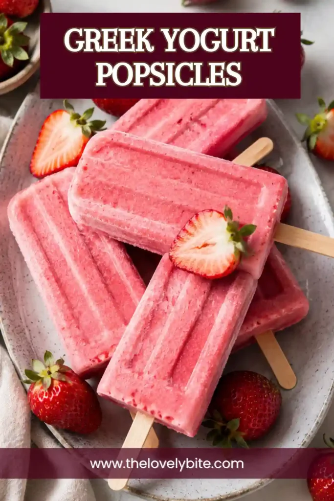 Homemade Frozen Yogurt Popsicles filled with fresh strawberry flavor and creamy Greek yogurt. A simple three-ingredient recipe that's ideal for an easy summer dessert.