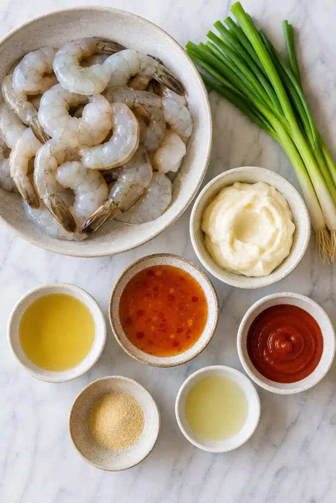 A platter of Grilled Bang Bang Shrimp Skewers served with extra bang bang dipping sauce and sliced scallions. Perfect as a shrimp appetizer or quick dinner.