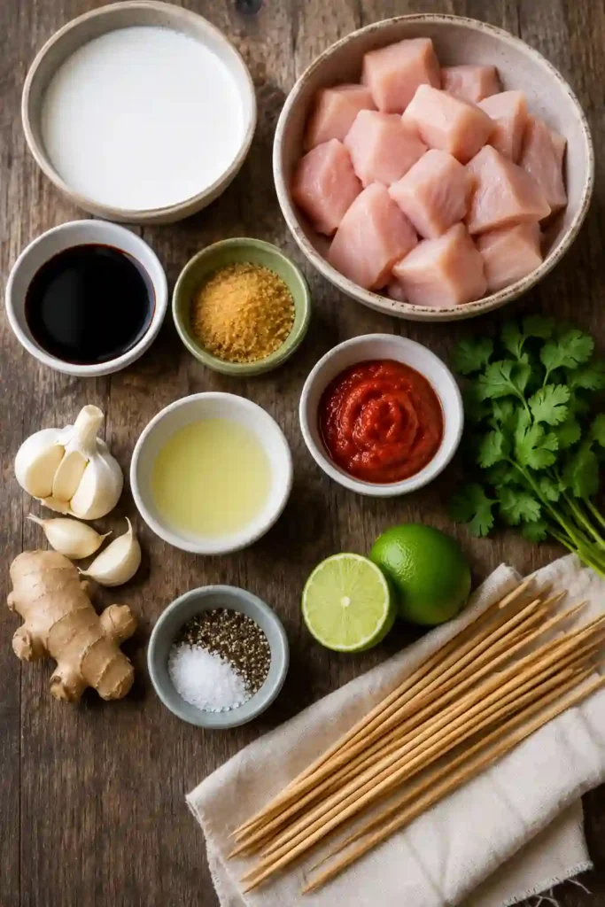 Grilled Thai Coconut Chicken Skewers served fresh from the grill with lime wedges and chopped cilantro. The chicken is beautifully charred and coated in a creamy coconut marinade.