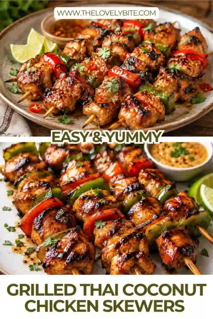 Juicy Thai coconut chicken skewers grilled until golden brown and served with fresh herbs. Perfect for summer barbecues and outdoor family meals.