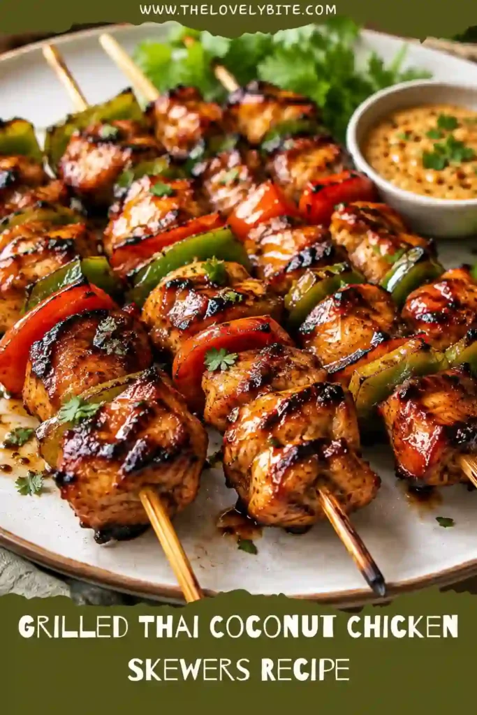 Tender grilled chicken skewers marinated in coconut milk, Thai red curry paste, garlic, and ginger. Served with jasmine rice and fresh lime for a complete meal.