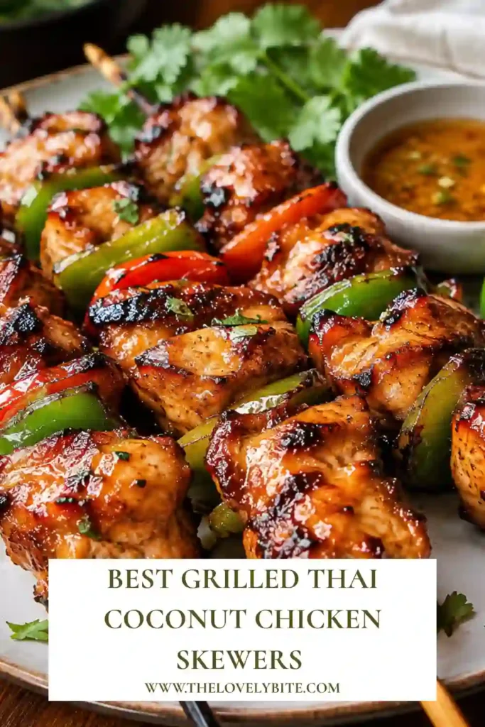 Thai-inspired grilled coconut chicken skewers featuring juicy chicken breast with smoky grill marks and vibrant garnishes. An easy and flavorful summer grilling recipe.