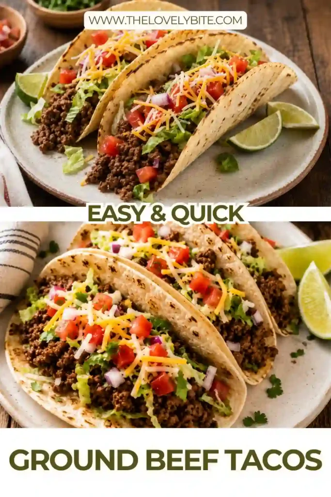 A plate of Ground Beef Tacos filled with seasoned lean beef, shredded lettuce, cheddar cheese, tomatoes, and red onions in warm tortillas. The colorful toppings create an inviting homemade taco dinner.