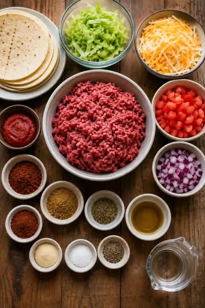 Easy Ground Beef Tacos served in warm tortillas with seasoned taco meat, cheese, lettuce, tomatoes, and red onions. A simple Mexican-inspired dinner ready to serve.
