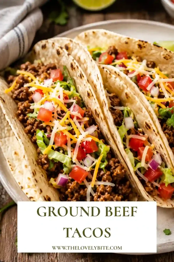 Close-up of Ground Beef Tacos with browned taco meat, melted shredded cheese, fresh lettuce, tomatoes, and red onions. The tacos are arranged together on a serving plate.