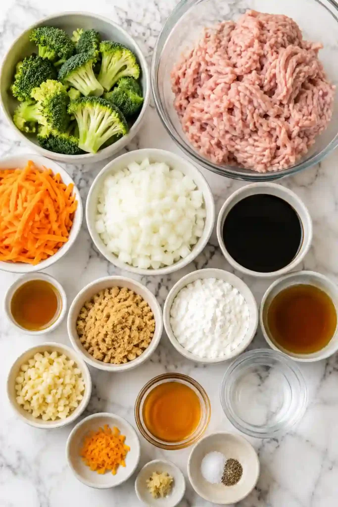 Ground turkey teriyaki stir fry served with colorful broccoli, carrots, and onion in a glossy homemade teriyaki sauce. The flavorful turkey stir fry is served over fluffy white rice for an easy family dinner.